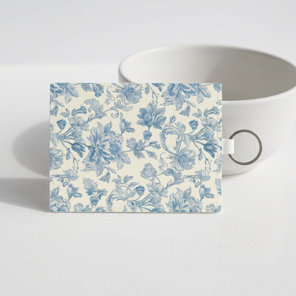 Blue toile de Jouy print detail on a card holder wallet