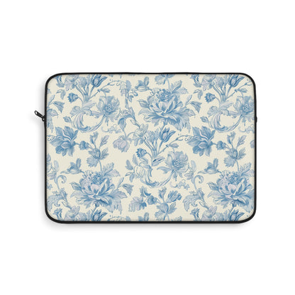 Blue toile laptop sleeve with vintage floral print