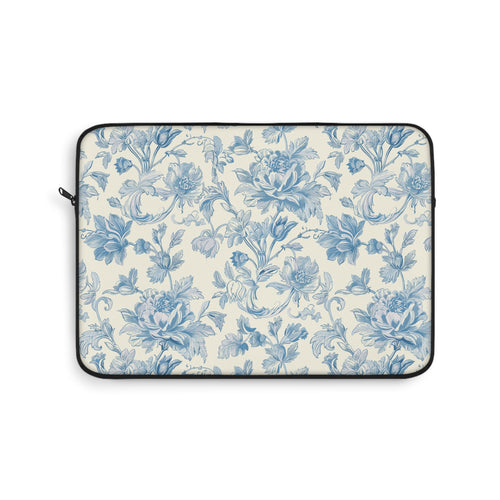 Blue toile laptop sleeve with vintage floral print