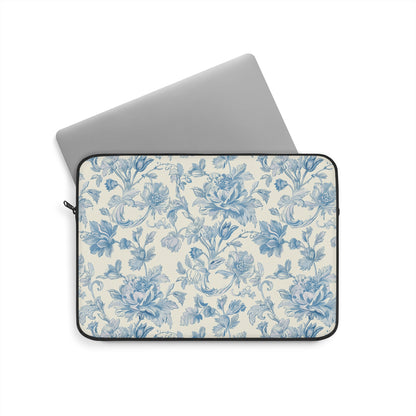 Blue toile laptop sleeve in blue and cream