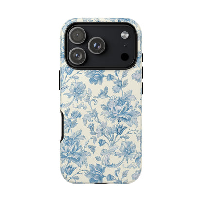 Blue toile tough phone case in blue and cream