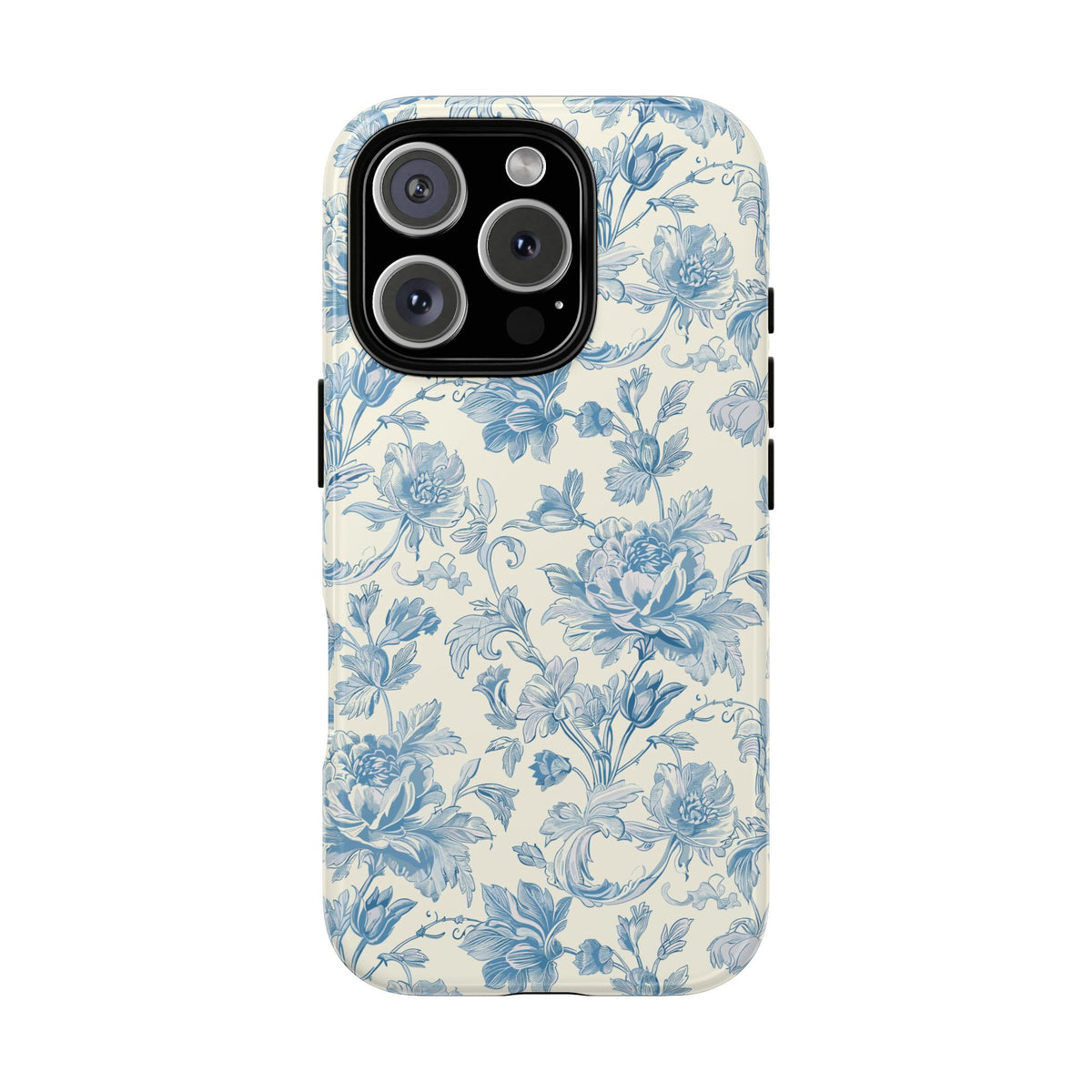 Blue toile tough phone case with vintage floral print