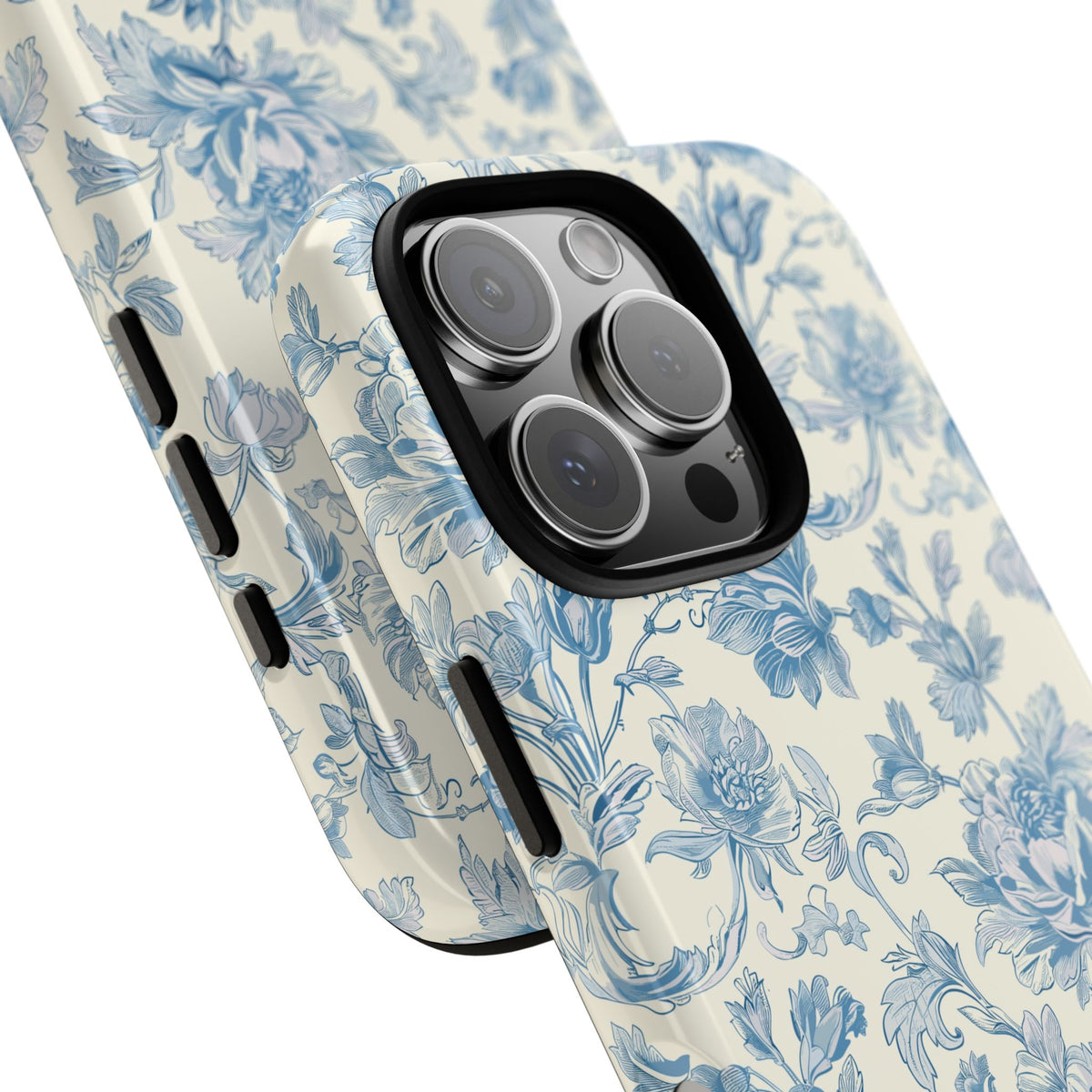 Blue toile tough phone case with blue floral pattern