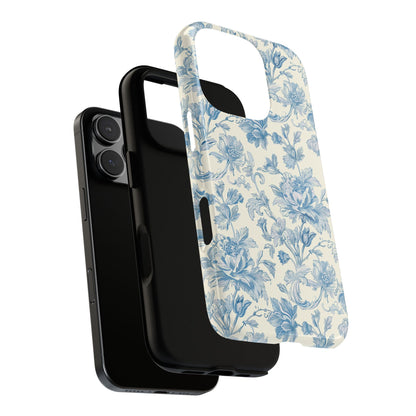 Blue toile tough phone case on a cream background