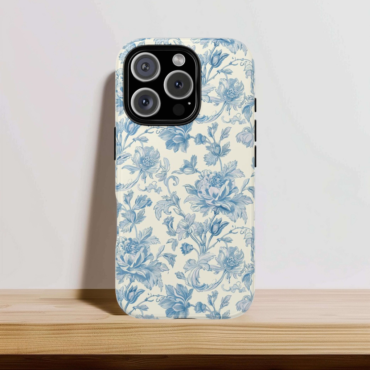 Blue toile de Jouy print detail on a tough phone case