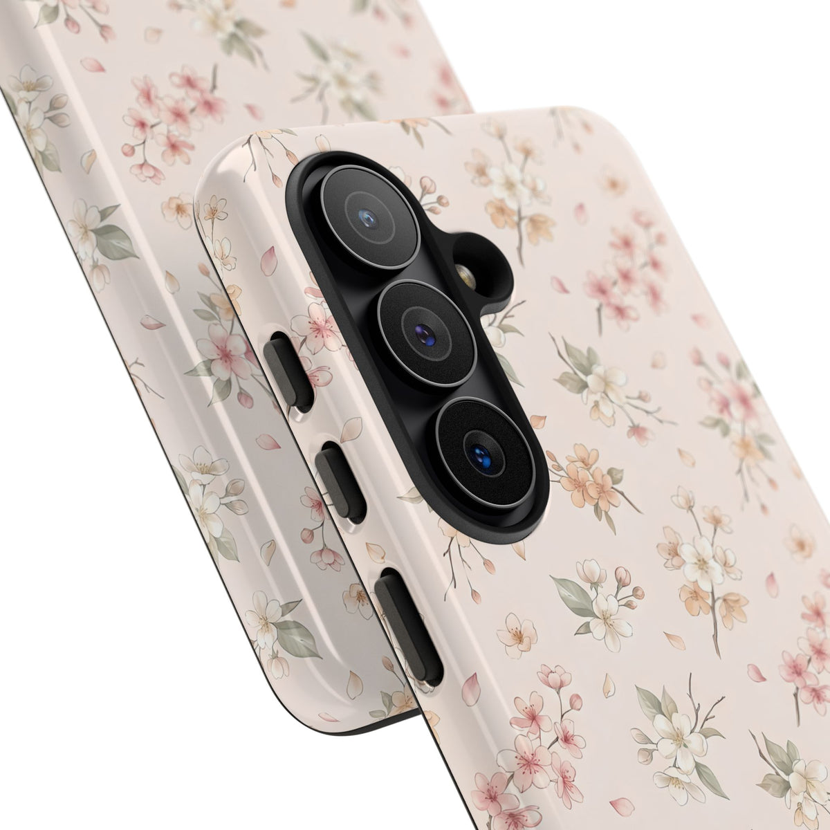 Blush floral tough phone case, side view of the dual layer shell
