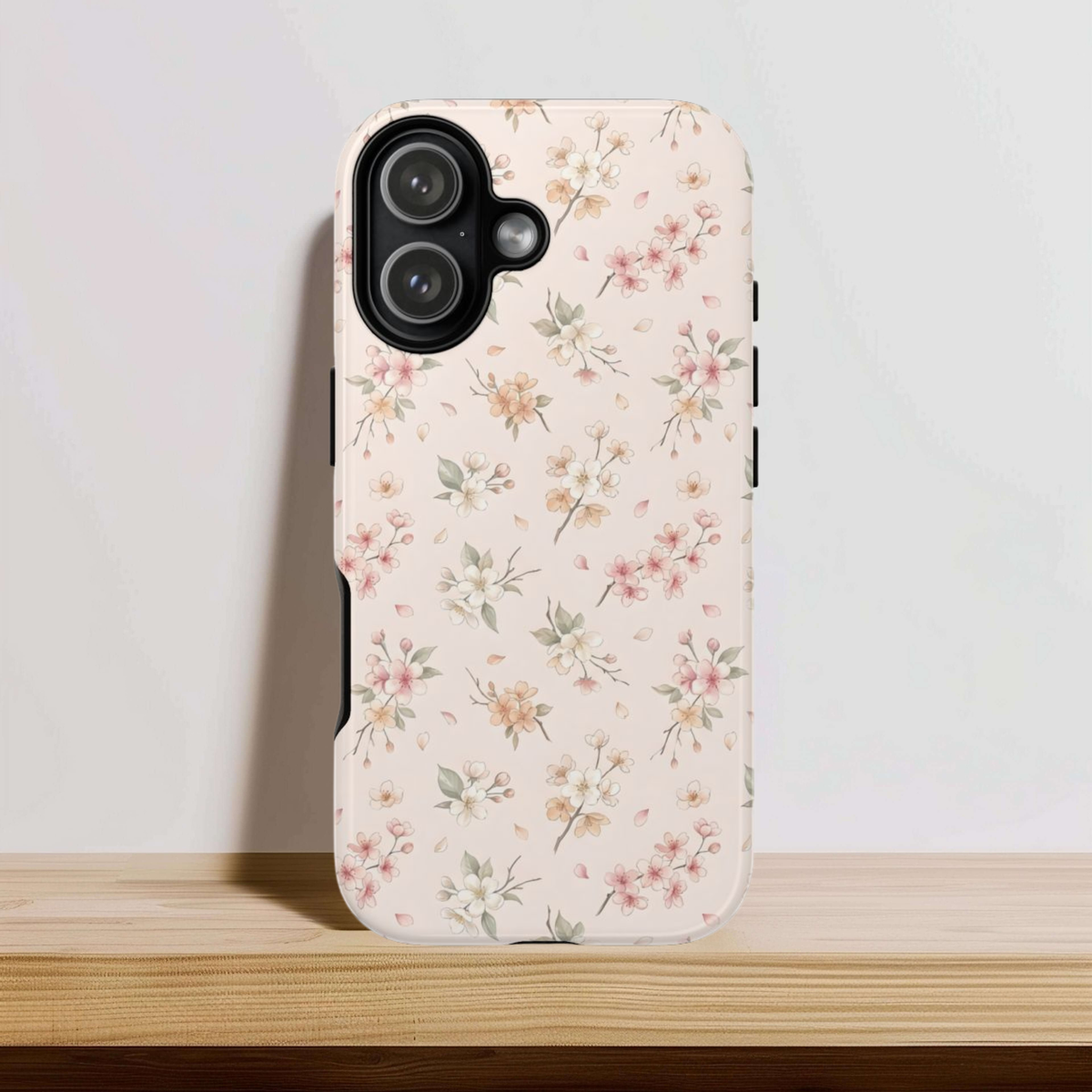 Blush floral tough phone case with cream and pink blossoms