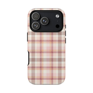 Blush plaid tough phone case in dusty rose and cream
