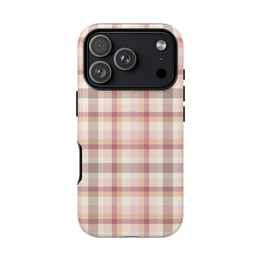 Blush plaid tough phone case in dusty rose and cream