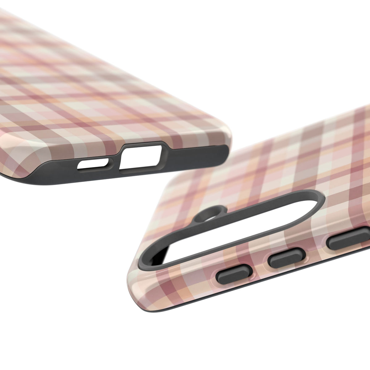 Blush tartan tough phone case, back view