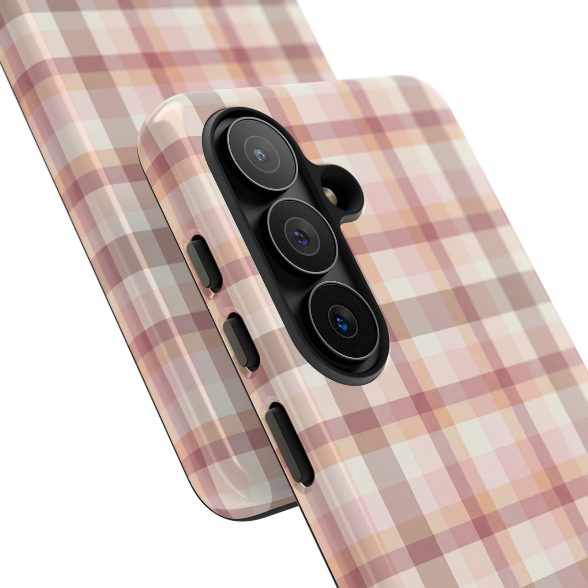 Blush plaid tough phone case with raised camera edge