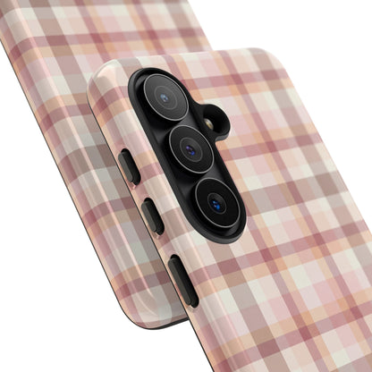 Blush plaid tough phone case with raised camera edge