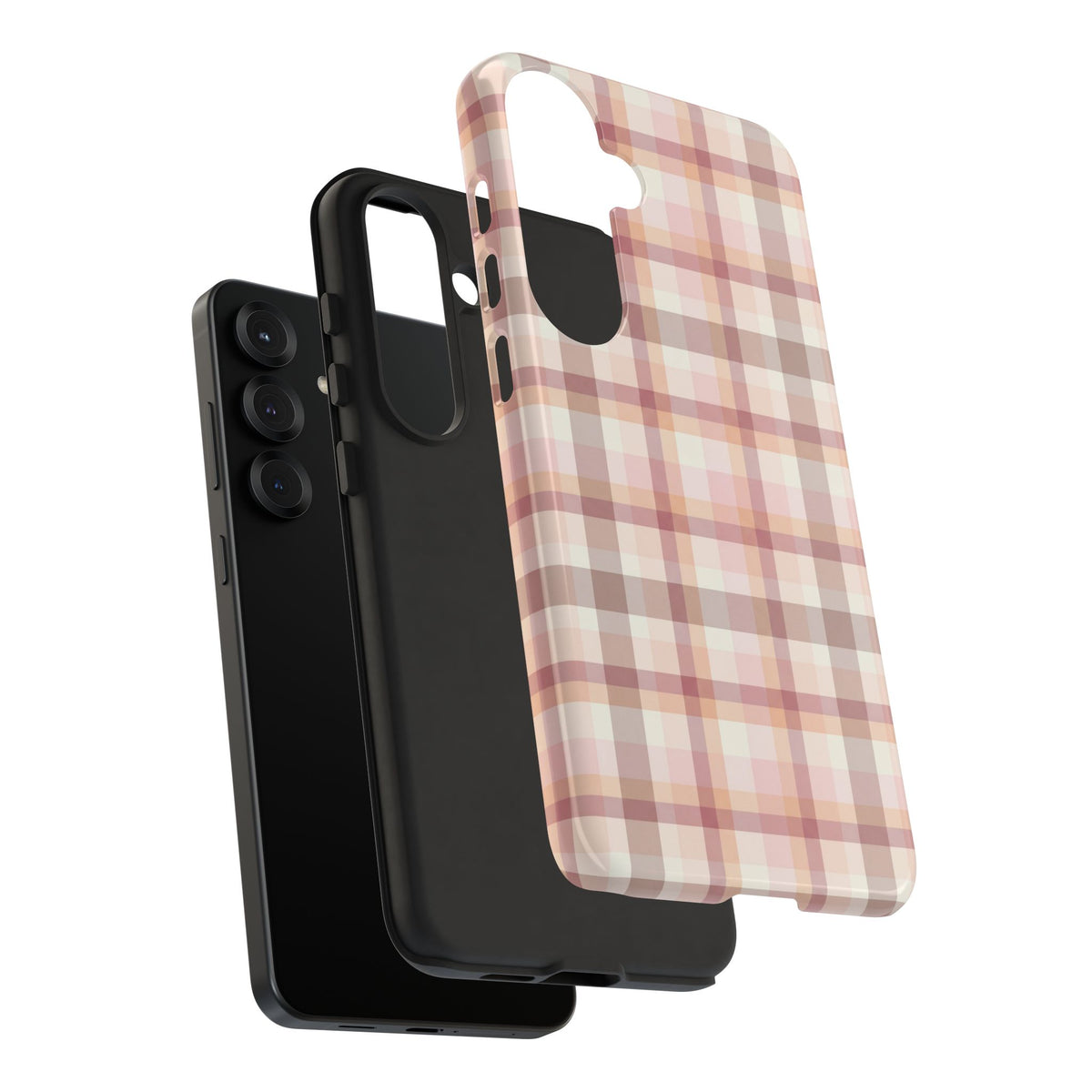 Blush plaid tough phone case, side view