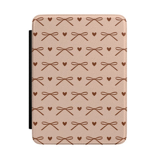 Brown bow Kindle case, ribbon bows and hearts on peach pink