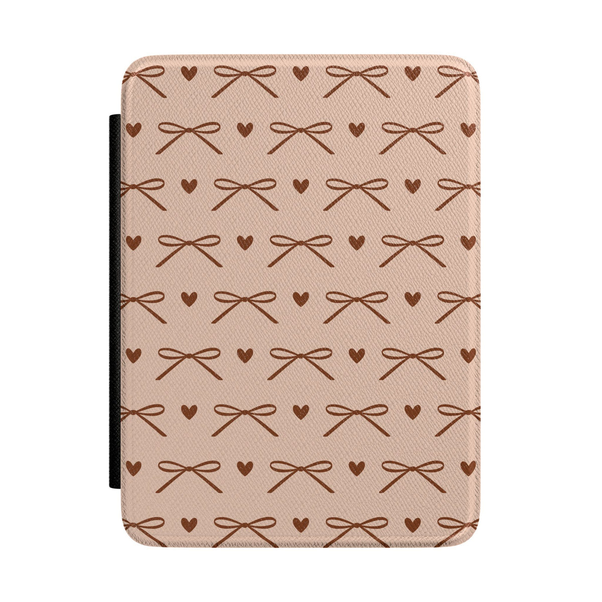 Brown bow Kindle case, ribbon bows and hearts on peach pink