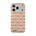 Brown bow phone case with card holder, tiny hearts on peach pink