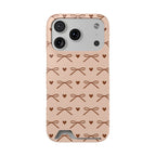 Brown bow phone case with card holder, tiny hearts on peach pink