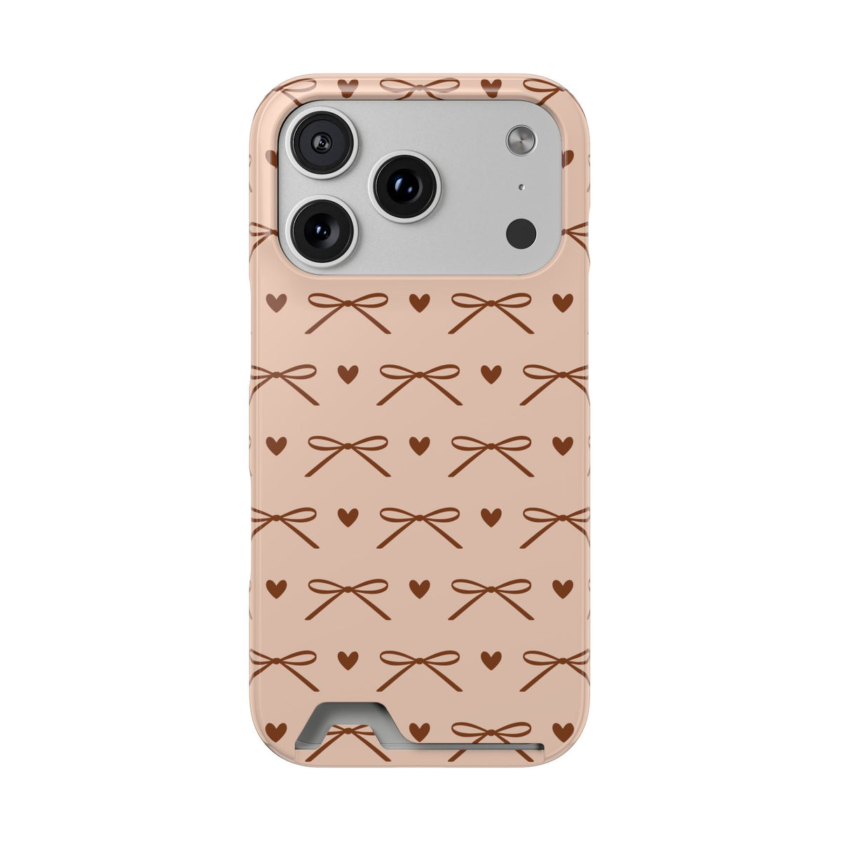 Brown bow phone case with card holder, tiny hearts on peach pink