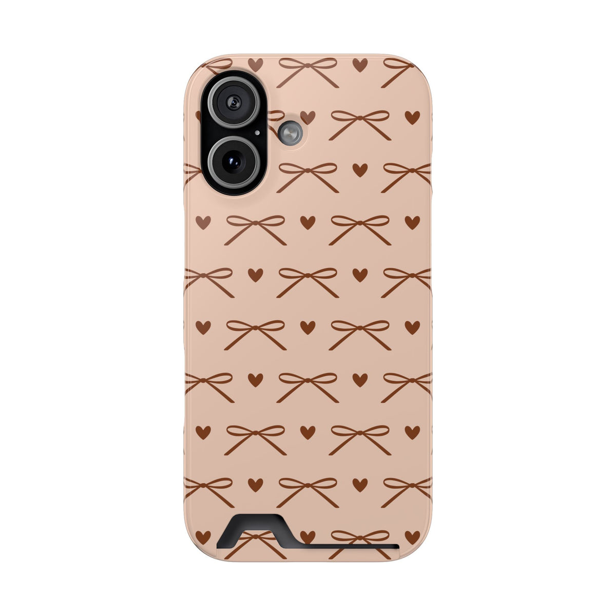 Peach pink card holder phone case with brown ribbon bows and hearts