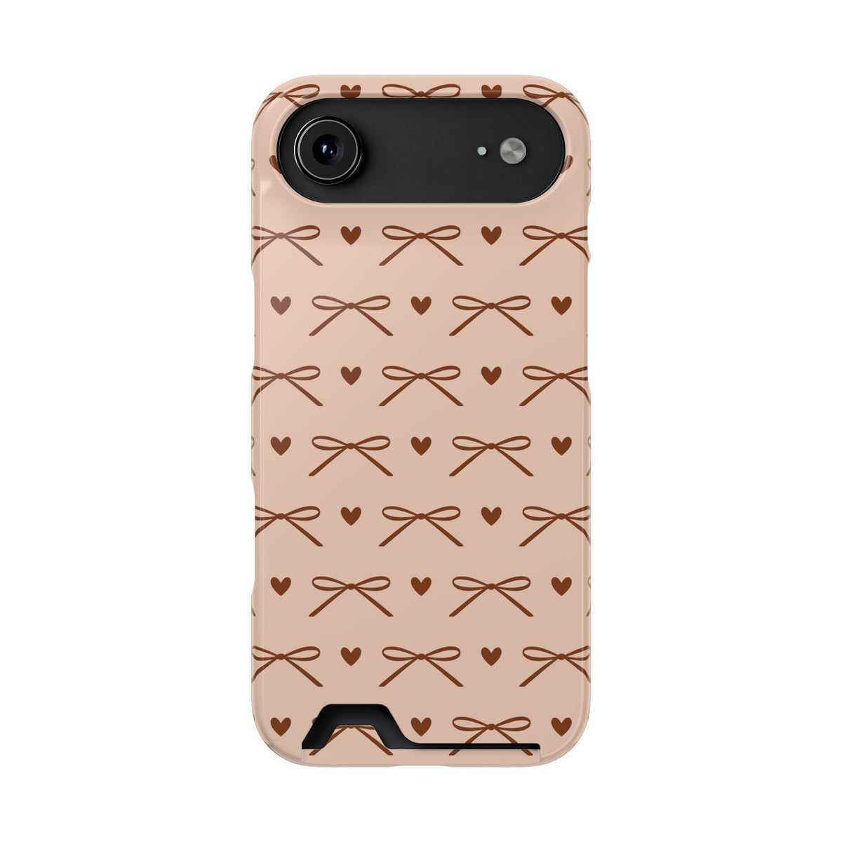 Brown bow and heart print phone case with card holder