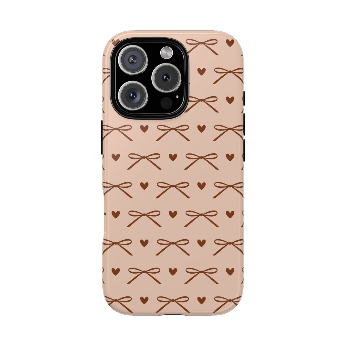 Peach pink tough phone case with brown ribbon bows and hearts