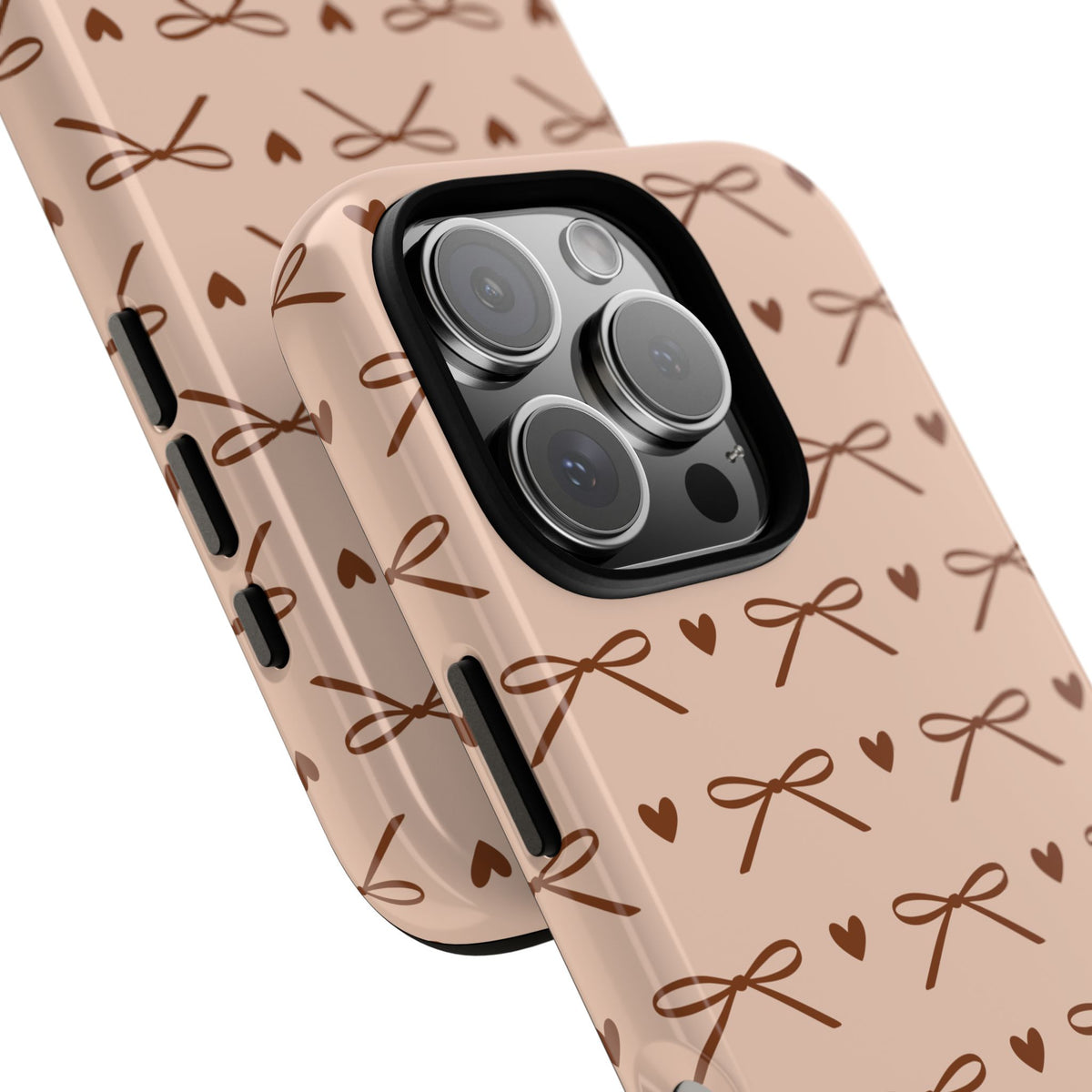 Brown bow tough phone case, coquette heart print