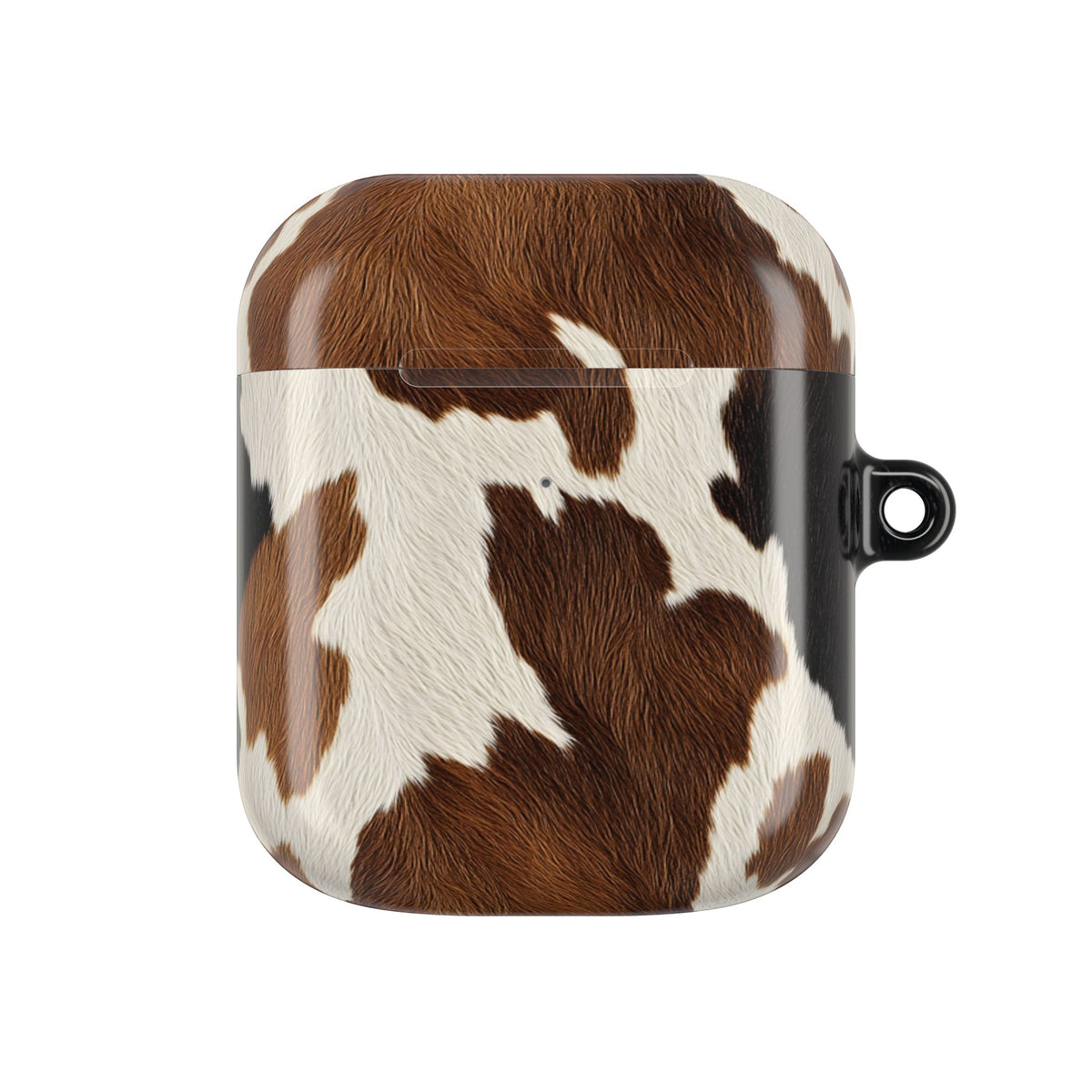 Brown cow print AirPod case, back view