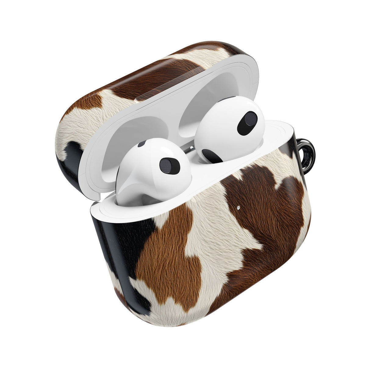 Brown cow print AirPod case, side view
