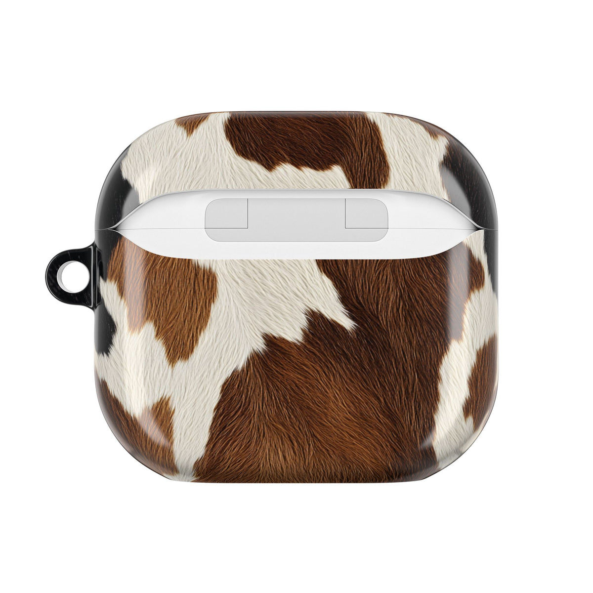 Brown cow print AirPod case, detail view