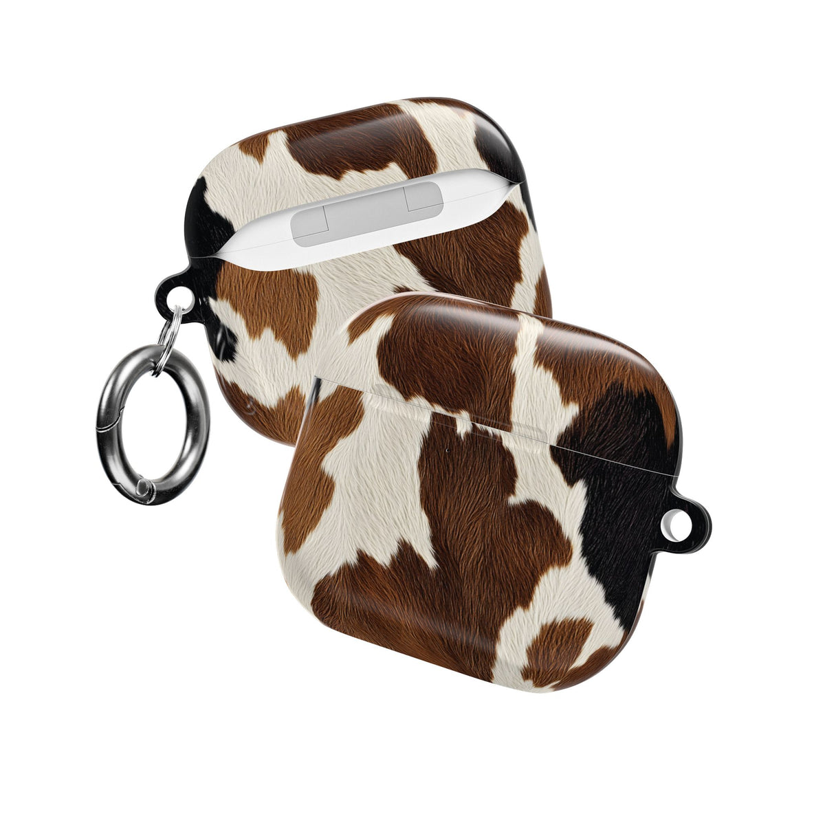 Brown cow print AirPod case, lifestyle view