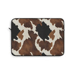 Brown cow print laptop sleeve, chestnut and dark brown patches on creamy white