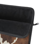 Brown cow print laptop sleeve, detail view