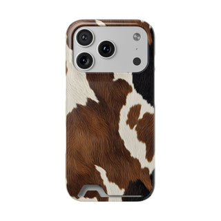 Brown cow print phone case with card holder, front view