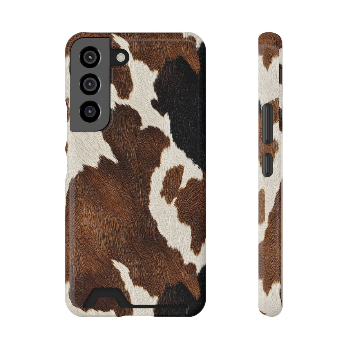 Brown cow print phone case with card holder, back view