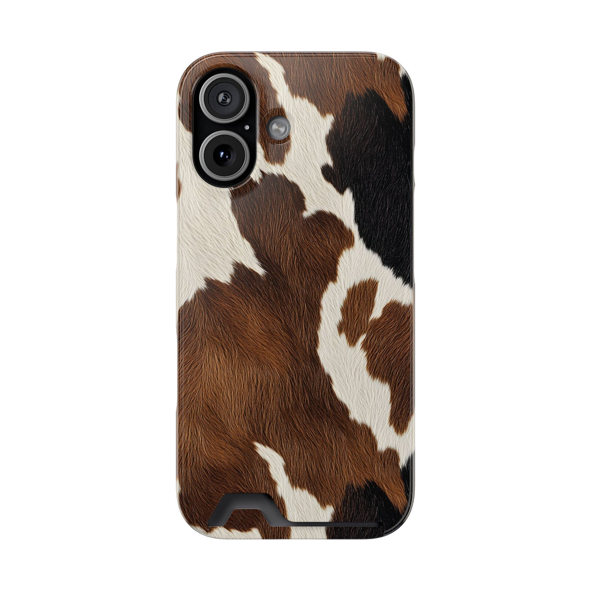 Brown cow print phone case with card holder, side view