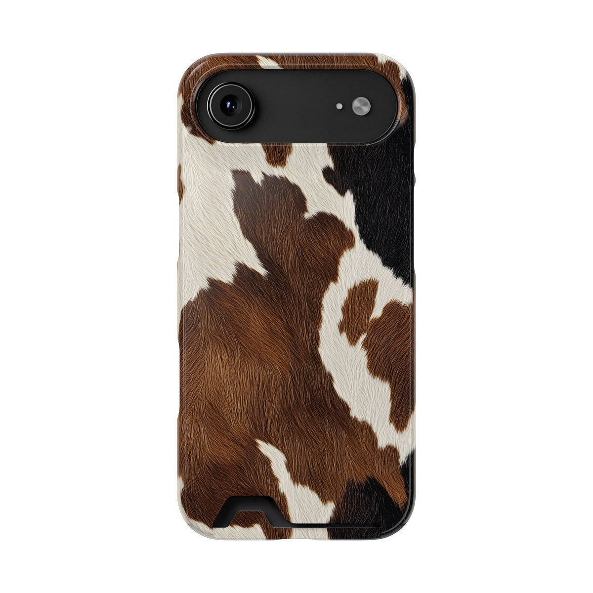 Brown cow print phone case with card holder, alternate view