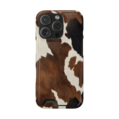 Brown cow print phone case with card holder, detail view