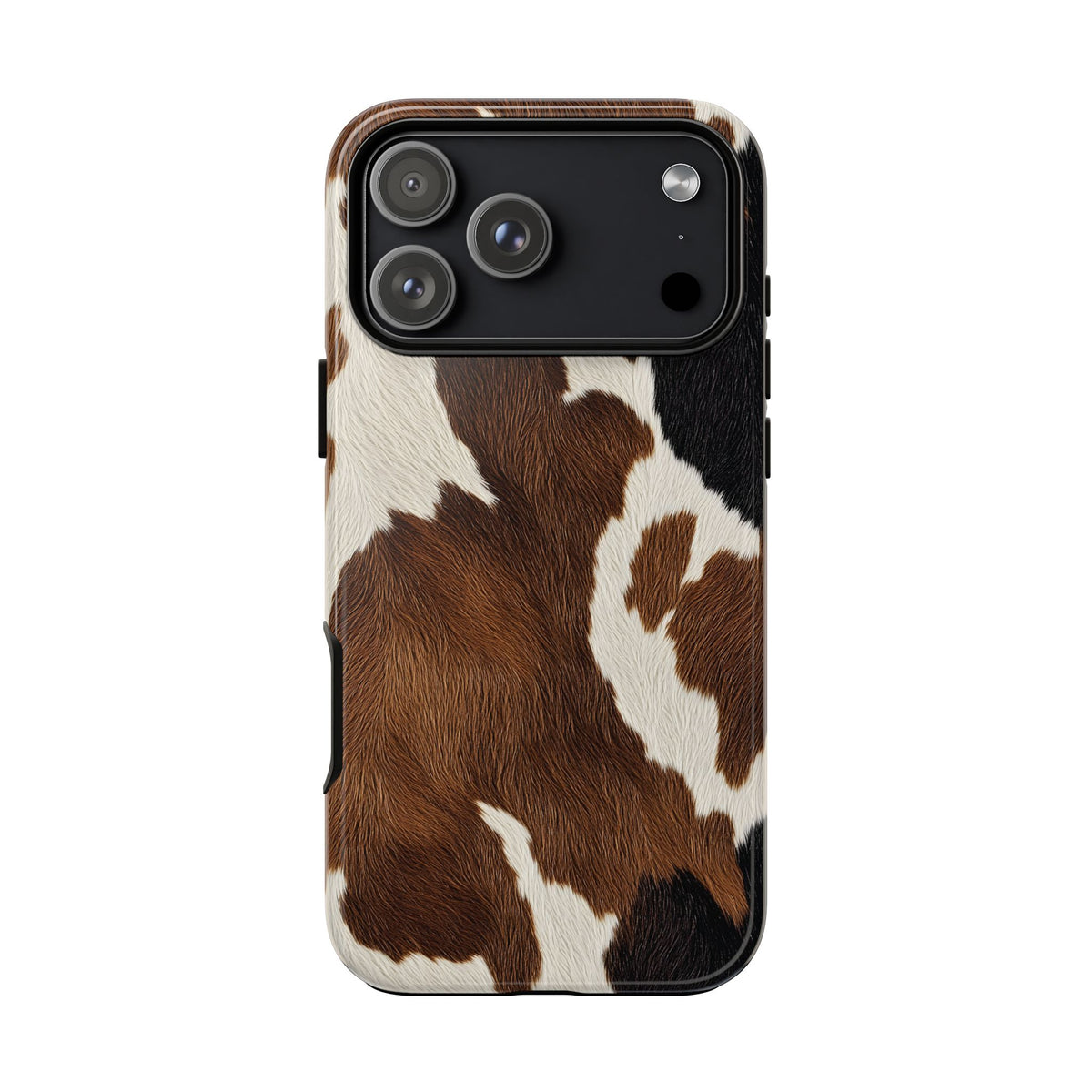 Brown cow print tough phone case, front view