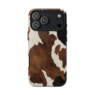 Brown cow print tough phone case, front view