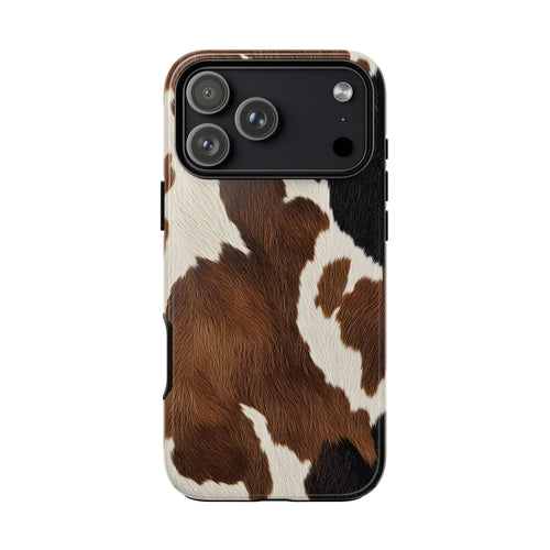Brown cow print tough phone case, front view