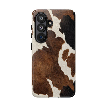 Brown cow print tough phone case, back view