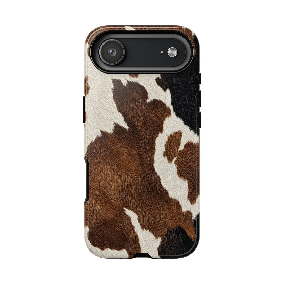 Brown cow print tough phone case, detail view