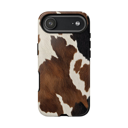 Brown cow print tough phone case, detail view