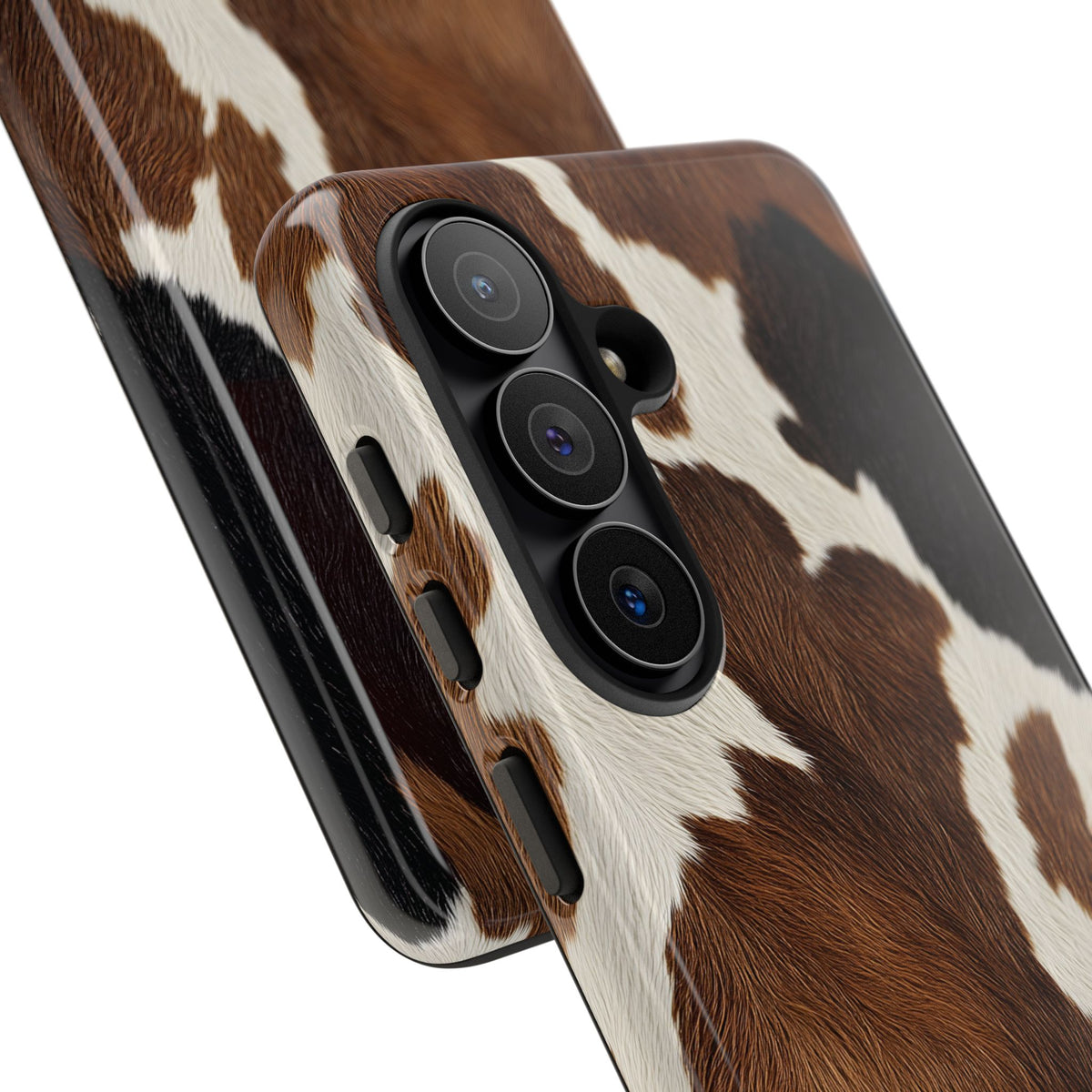 Brown cow print tough phone case, angled view