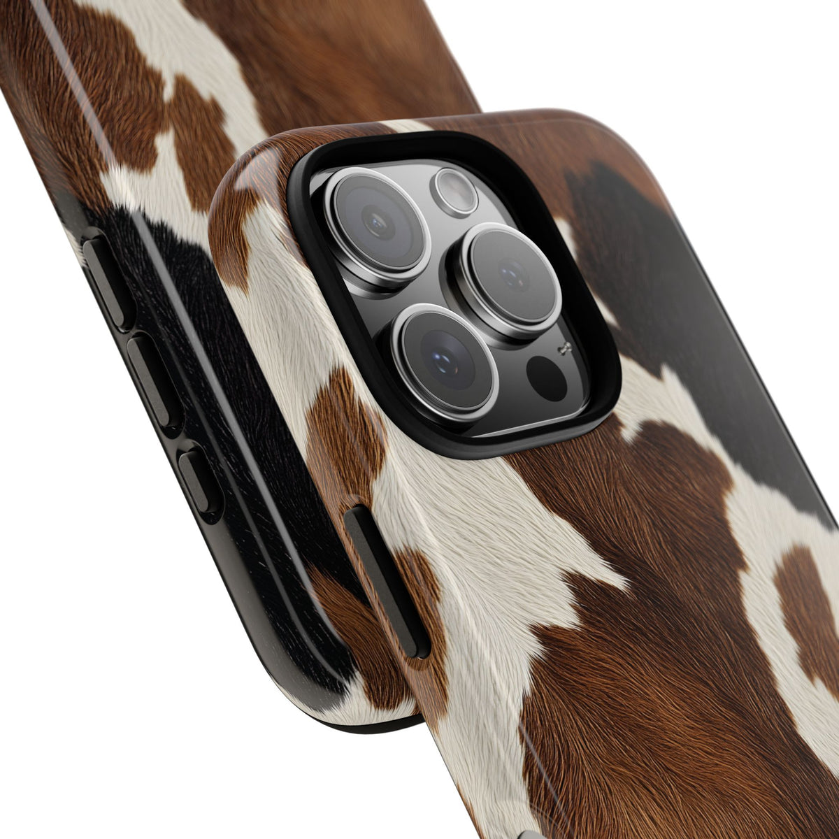 Brown cow print tough phone case, lifestyle view