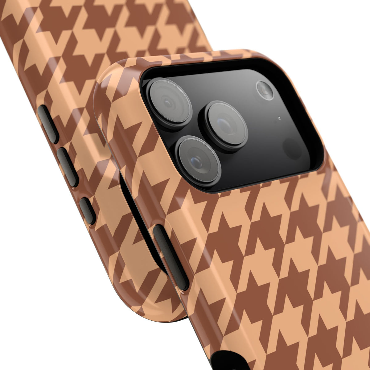 Brown houndstooth MagSafe phone case, angled view
