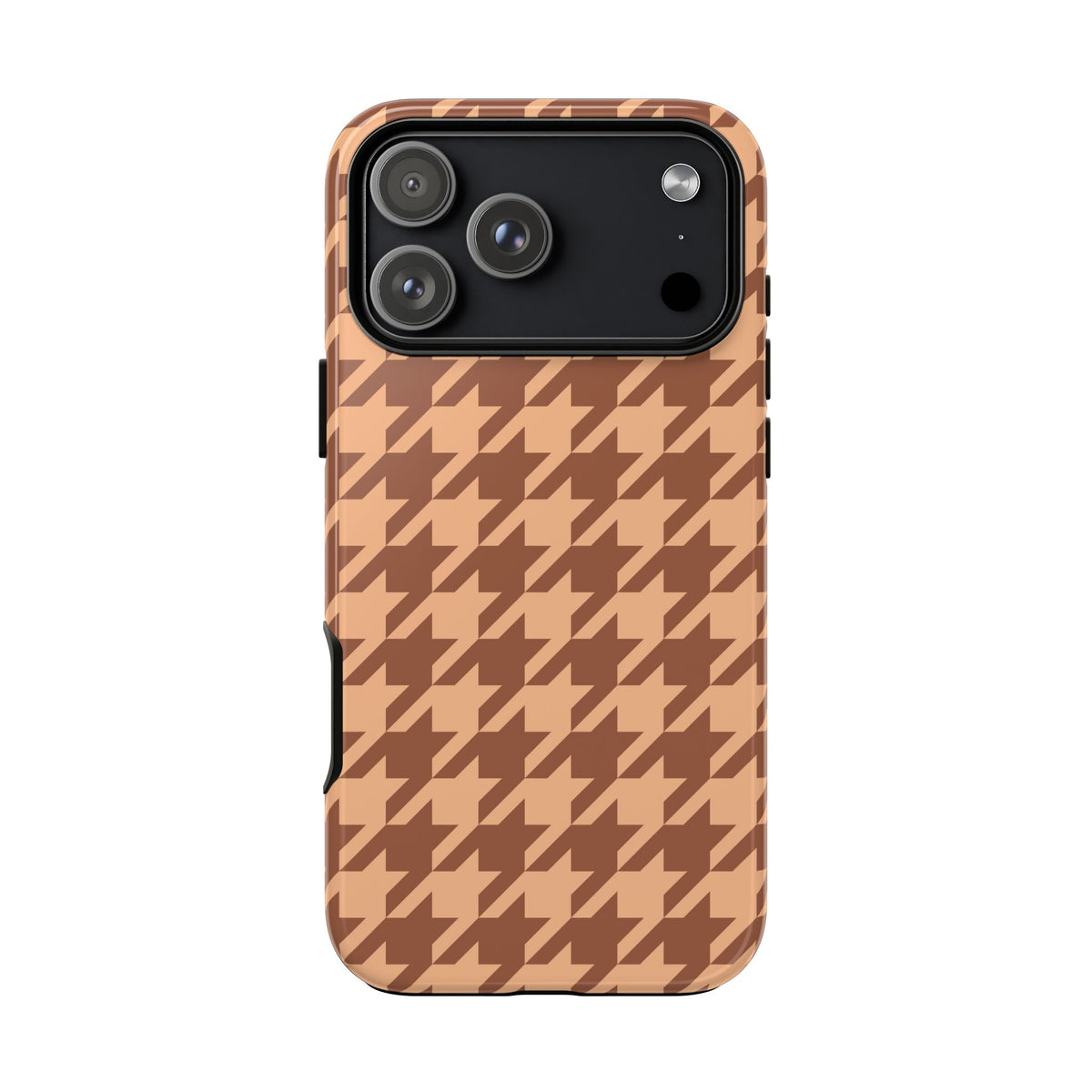 Brown houndstooth tough phone case on peachy tan