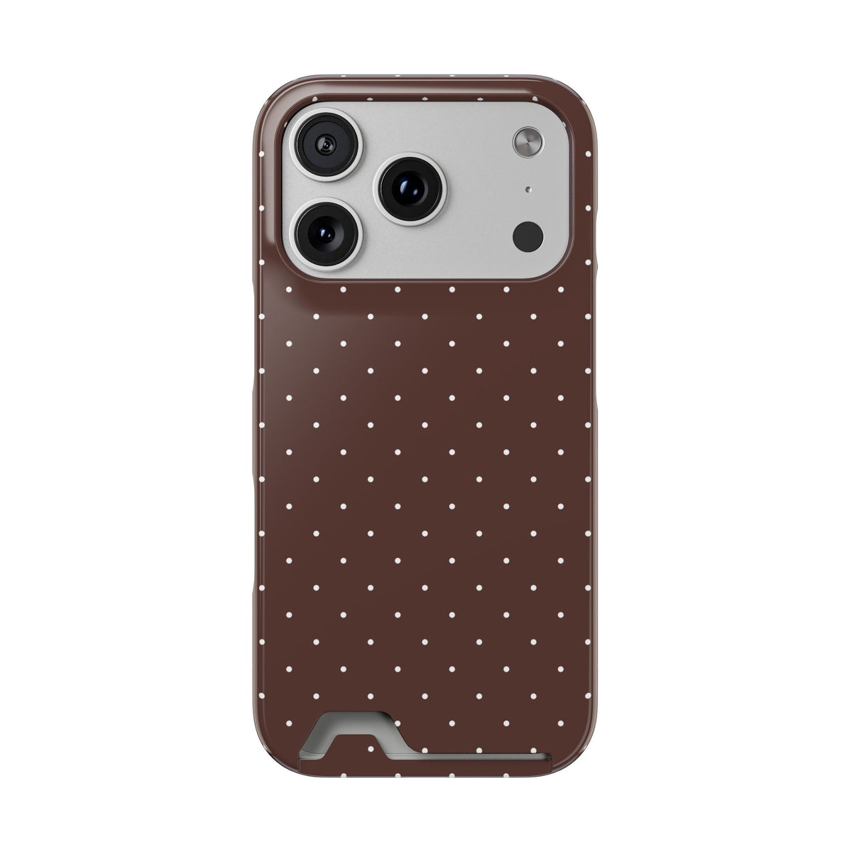 Brown polka dot phone case with a card slot