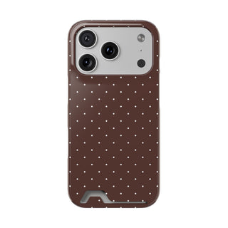 Brown polka dot phone case with a card slot