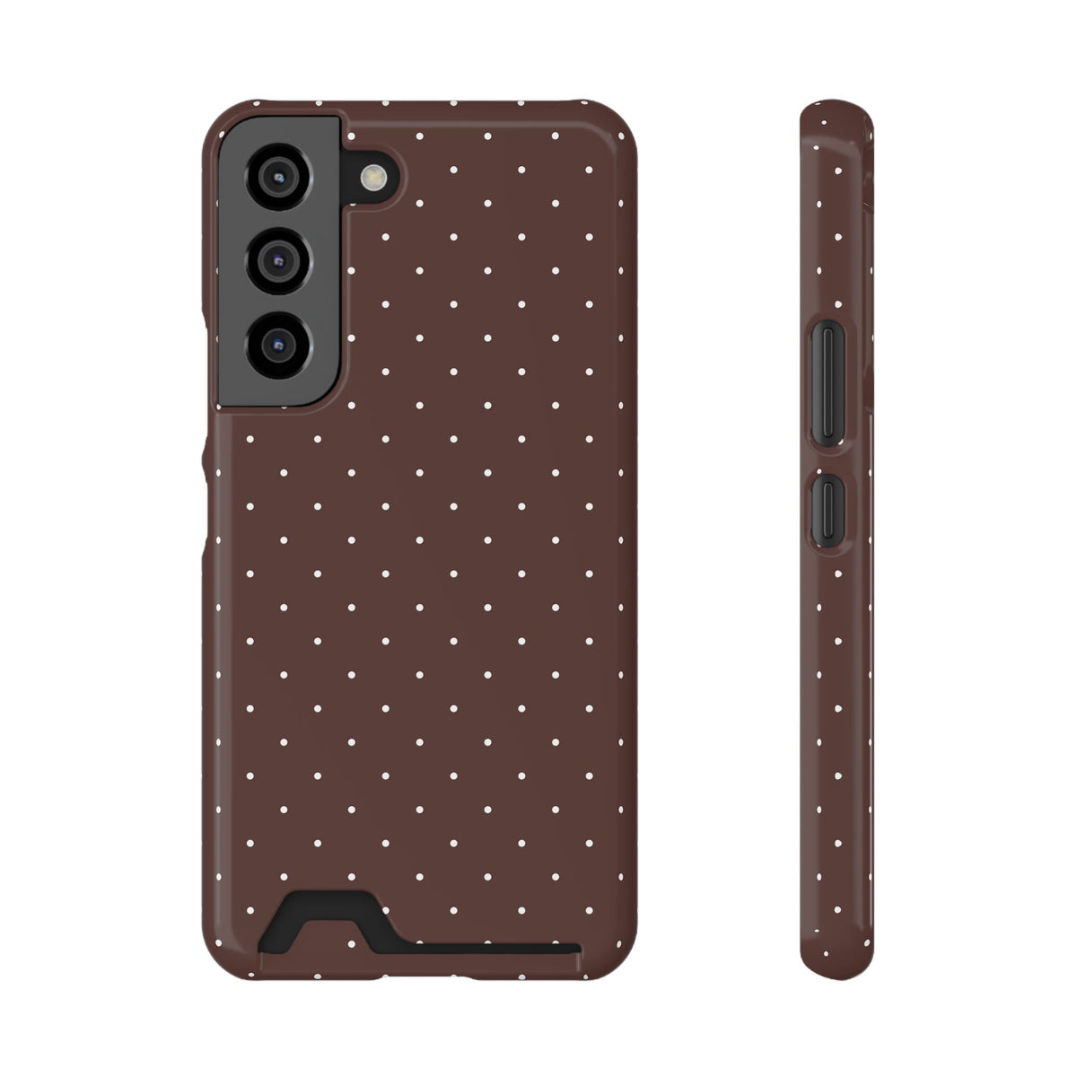 Brown polka dot phone case with card holder, small white dots on brown